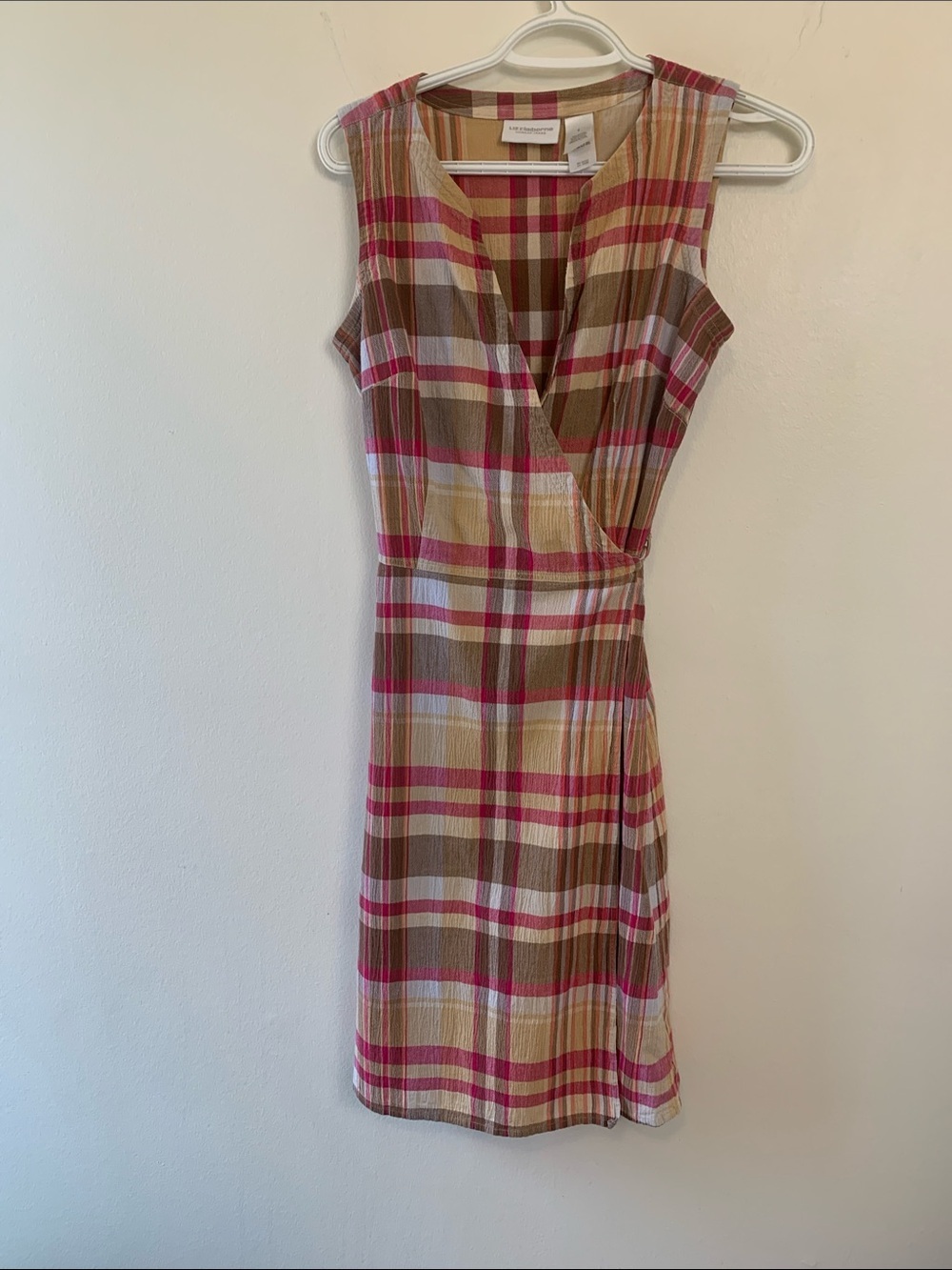 Liz Claiborne Vintage Brown & Pink Plaid Wrap Midi Dress - Picture 3 of 12